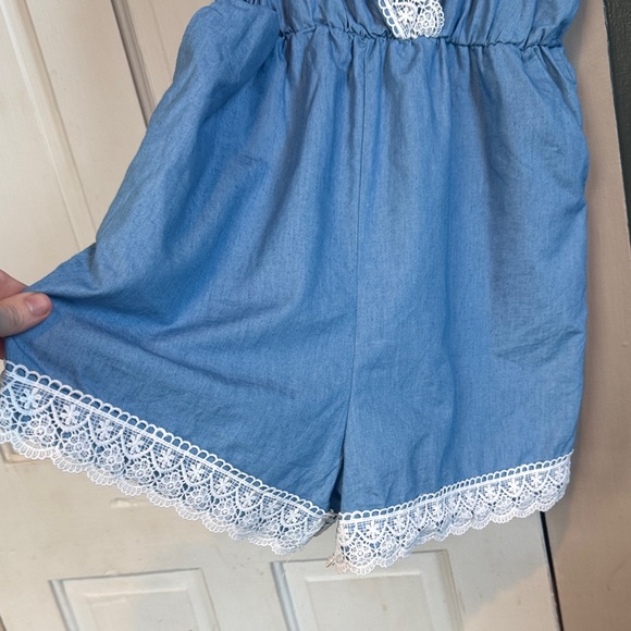 PatPat Light Blue Chambray Lace Trim Romper - Picture 3 of 5